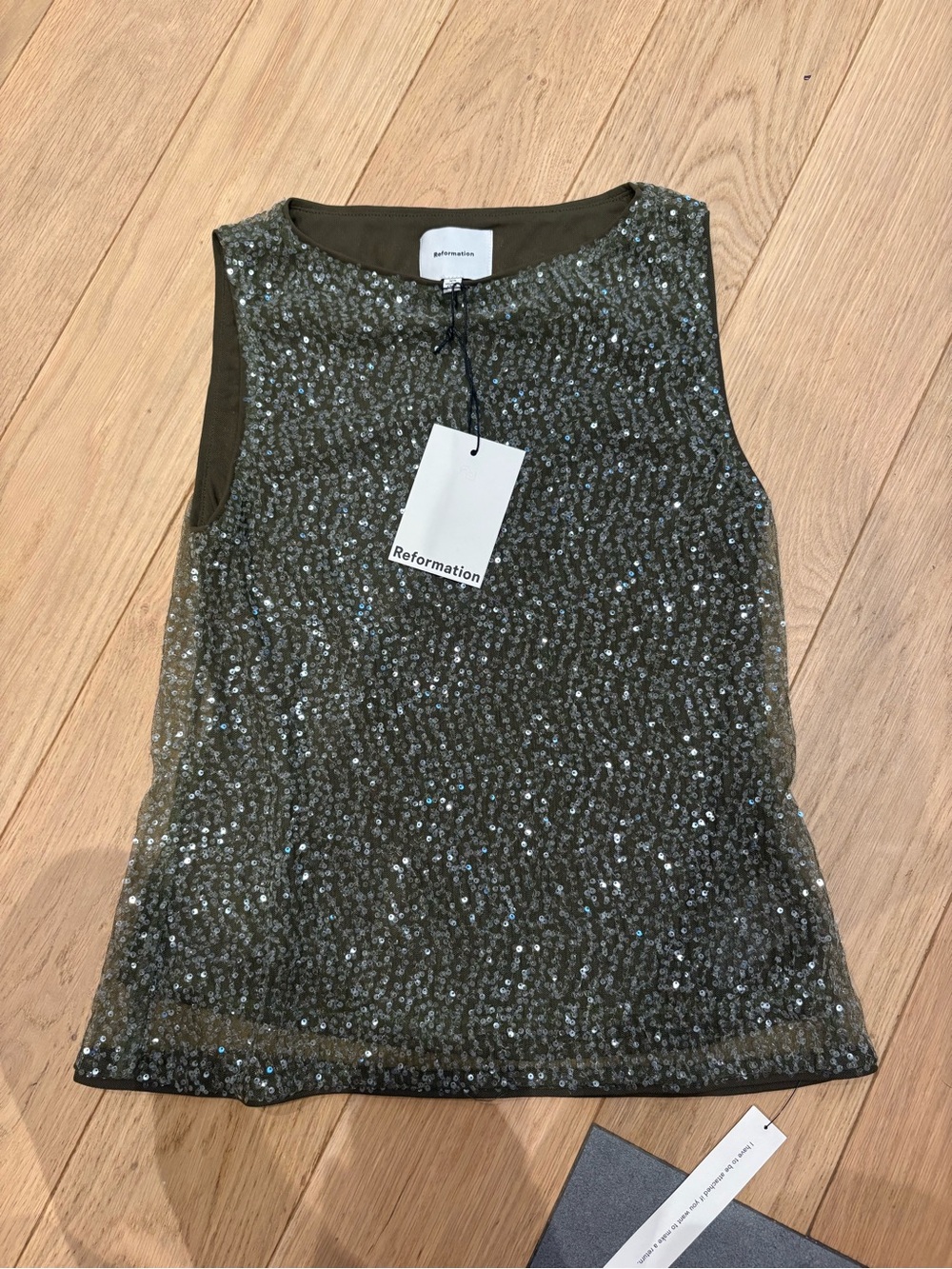 Reformation Lisa Knit Olive Green Sequin Sheer Tank Top